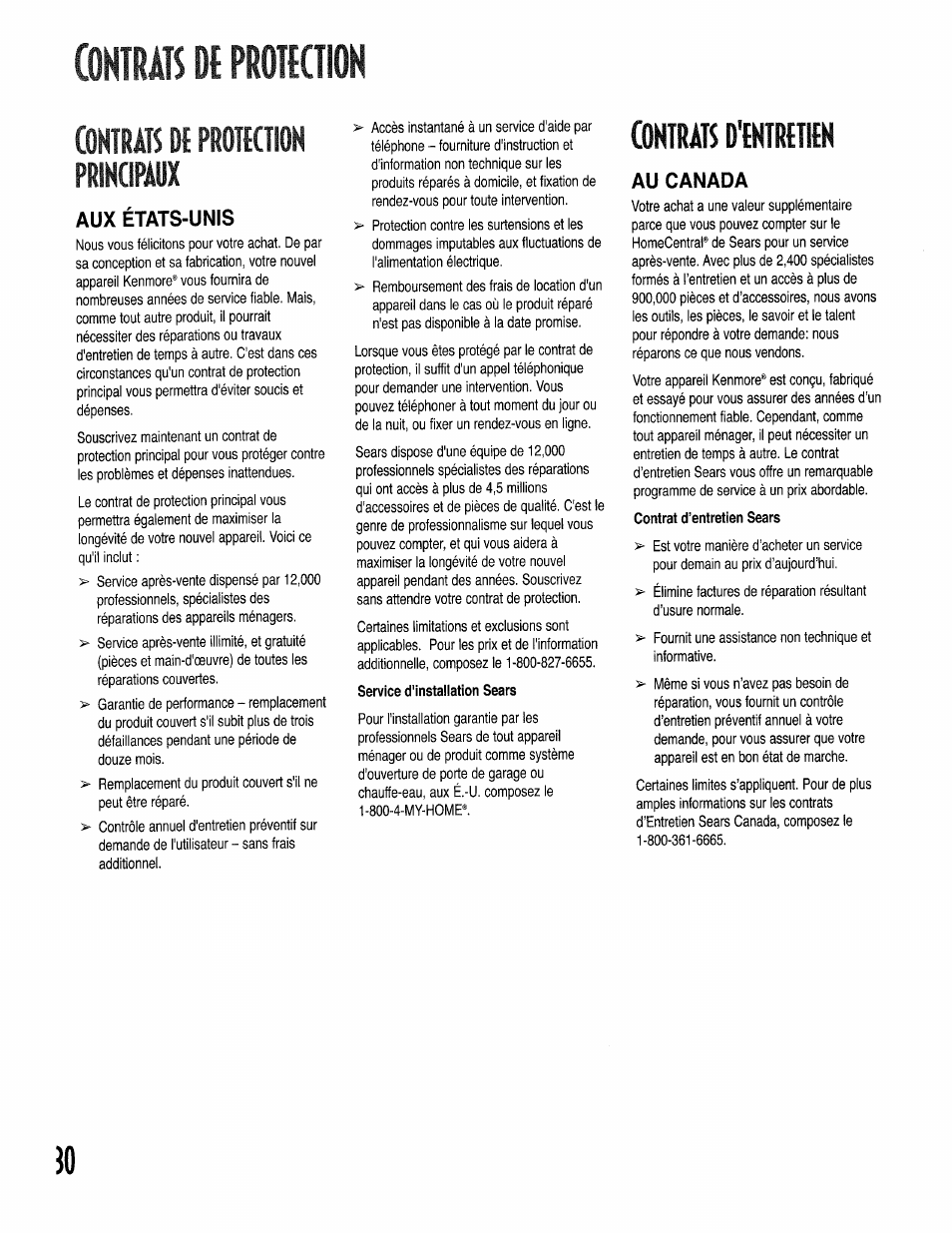 Contrats df prottction, Contrats dt prottction principaux, Aux états-unis | Service d'installation sears, Au canada, Contrat d’entretien sears | Kenmore 596.50002100 User Manual | Page 30 / 88