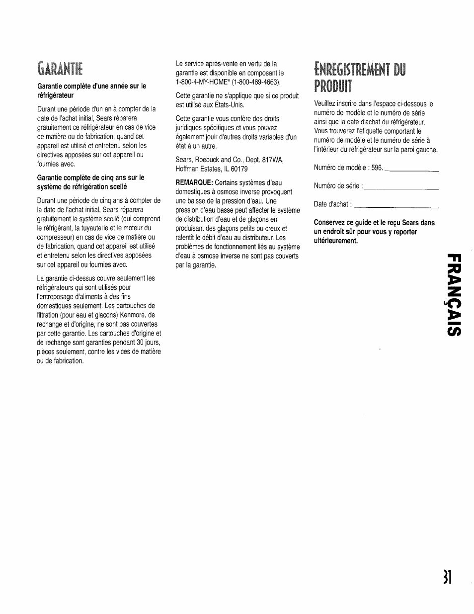 Garantie complète d'une année sur le réfrigérateur, Fnrigistmmint du produit | Kenmore 596.50002100 User Manual | Page 31 / 88