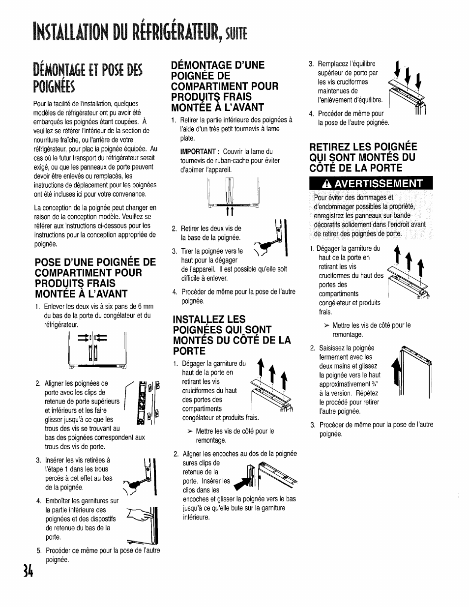 Démoktagt ît pose des poignées, Dépose et pose des poignées, Installation du rmérát{ur | Kenmore 596.50002100 User Manual | Page 34 / 88