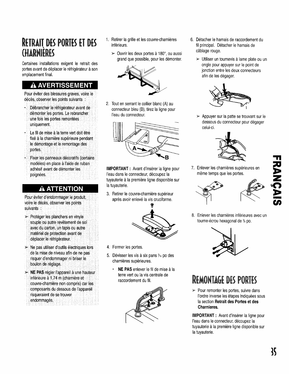 Retrait des portes et des charnières, A avertissement, A attention | Remontage des portes | Kenmore 596.50002100 User Manual | Page 35 / 88