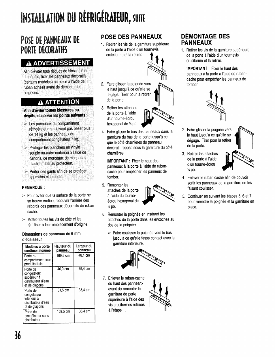 Post dt pânktaux dt porte dtcoratifs, A advertissement, A attention | Afin d’éviter toutes blessures ou, Remarque, Démontage des panneaux, Installation du réwráteür, h, Pose des panneaux | Kenmore 596.50002100 User Manual | Page 36 / 88