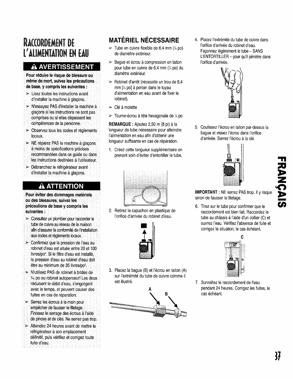Raccordfmikt df l'alimentation en eau, A avertissement, A attention | Materiel necessaire, Raccordement de l'alimentation en eau | Kenmore 596.50002100 User Manual | Page 37 / 88
