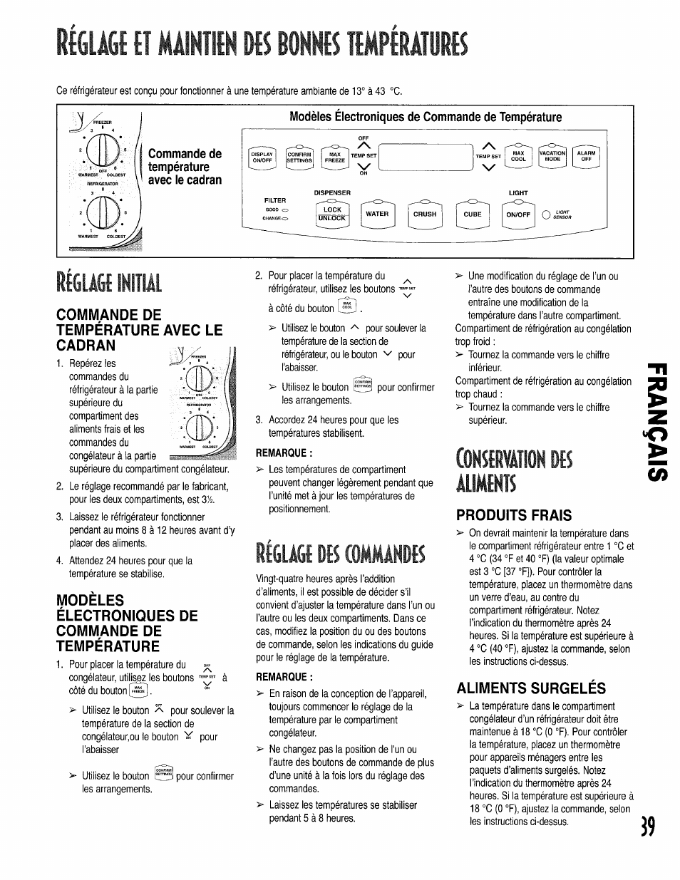 Rwe el milnilen des bohkes tempédaiüiies, Température avec le cadran u, Modèles | Électroniques de commande de température, Remarque, Rîglâgf dfs (ommandb, Conservation des aliments, Produits frais, Aliments surgelés | Kenmore 596.50002100 User Manual | Page 39 / 88