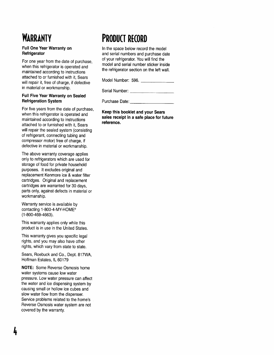 Warrakty, Product record | Kenmore 596.50002100 User Manual | Page 4 / 88