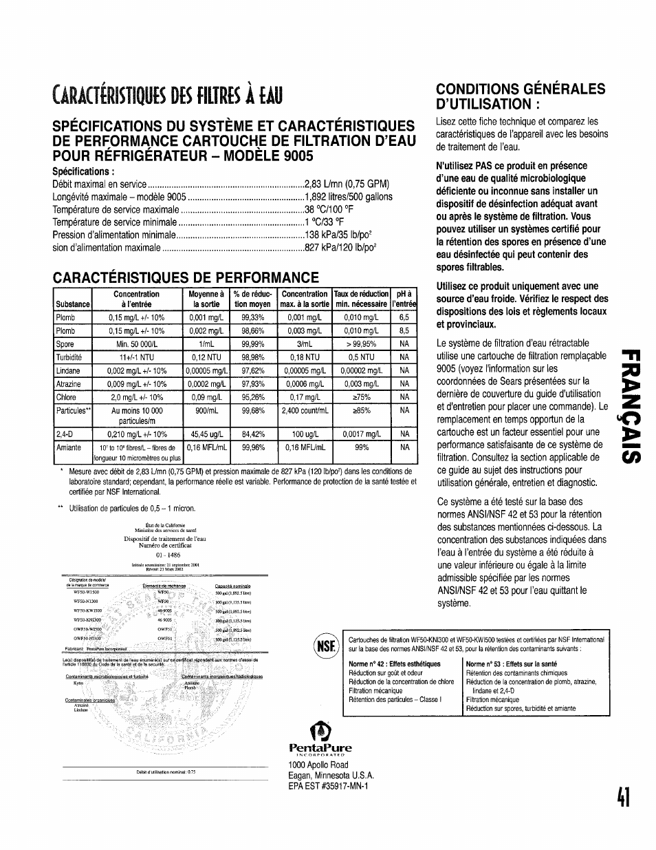 Caractéristiques de performance, Conditions generales d’utilisation, Pent^ure | Ârâ(îfrist№dfsfil!rf$àm, Spécifications | Kenmore 596.50002100 User Manual | Page 41 / 88