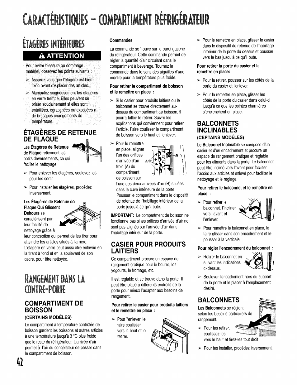 Ârâcténub - compàriimint rîfrigérâteur, Mm iktérkurts, A attention | Étagères de retenue de flaque, Contrt-portf, Compartiment de boisson, Casier pour produits laitiers, Balconnets, Inclinables, Iktérkurts | Kenmore 596.50002100 User Manual | Page 42 / 88