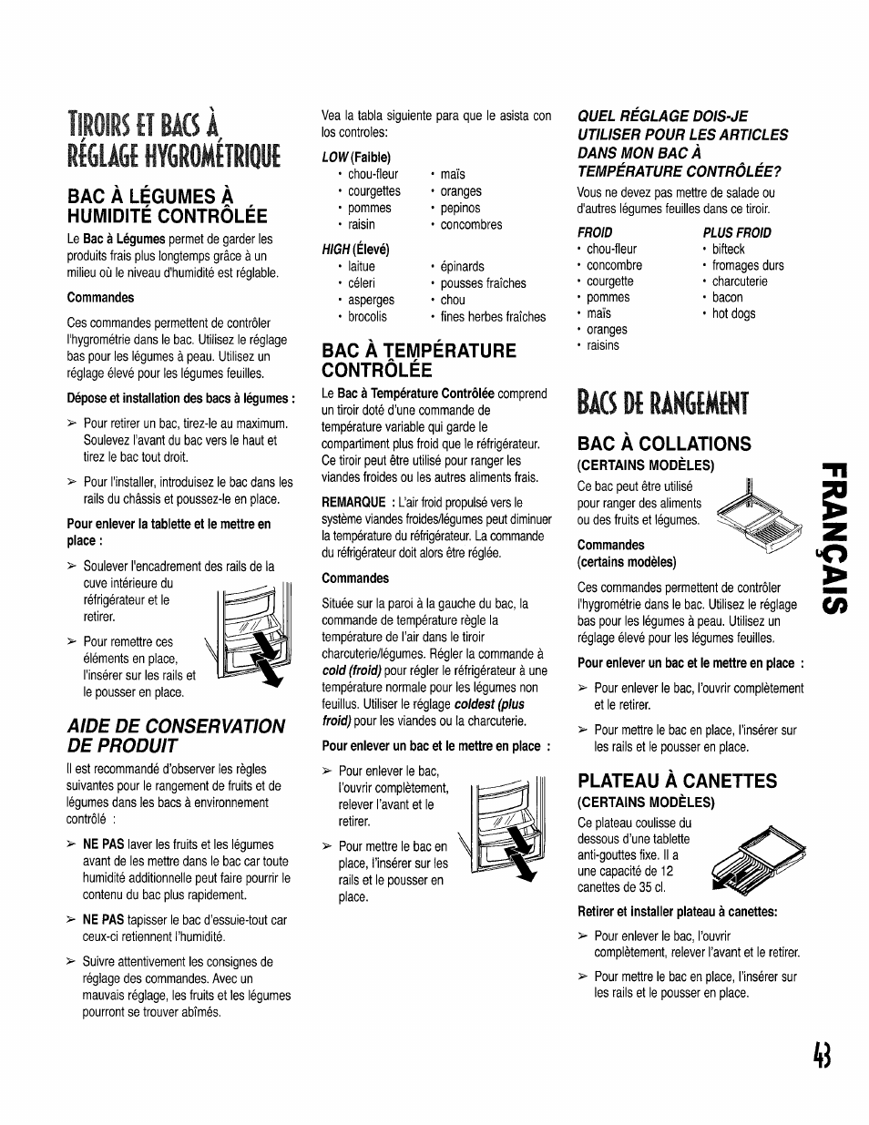 Tiroirs ft bacs à rcglagf hygrométriquc, Bac à légumes à humidité contrôlée, Controlee | Bacs de rangemekt, Bac à collations, Plateau à canettes, Tiroirs et bacs à réglage hygrométrique, Bacs de rangement, Aide de conservation de produit, Bac a temperature | Kenmore 596.50002100 User Manual | Page 43 / 88
