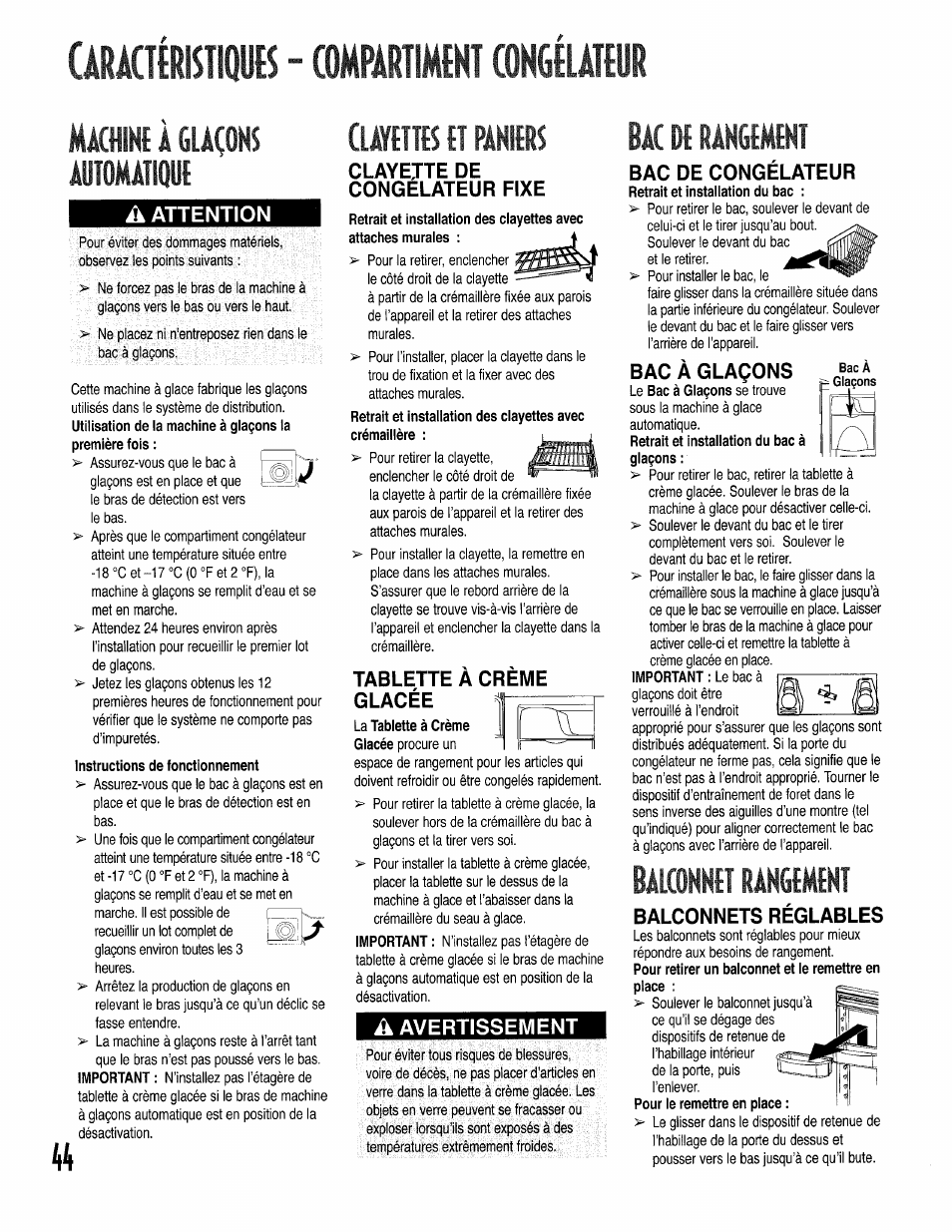 Aràcélstiqüts - compartimtnt congflattür, Machi№ à glaçons automatiquf, A attention | Instructions de fonctionnement, Clayette de congelateur fixe, Tablette à crème glacée, A avertissement, Bac de rangement, Bac de congélateur, Bac à glaçons | Kenmore 596.50002100 User Manual | Page 44 / 88