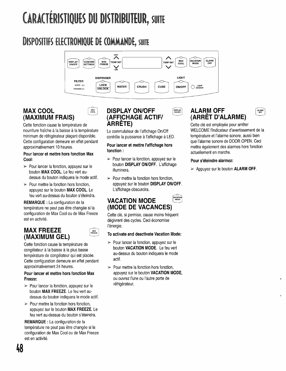 Ueaciimw dü d«un, Pour lancer et mettre l'affichage hors fonction, To activate and deactivate vacation mode | Pour s'éteindre alarmez, Ueaciimw dü d«un, « knsffi bkmm № owmmh | Kenmore 596.50002100 User Manual | Page 48 / 88