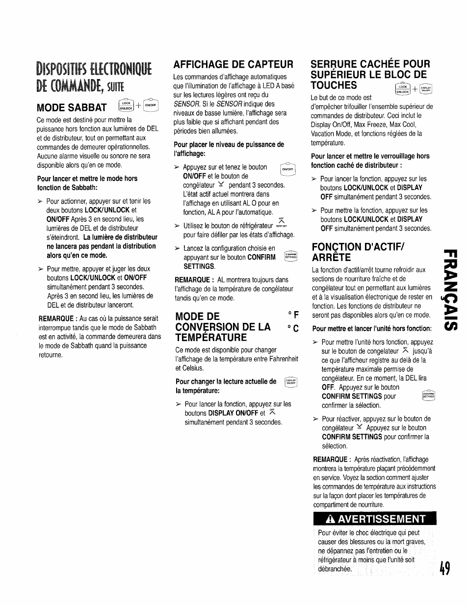 Dispositib electrohiqut de commâkde, Mode sabbat, Affichage de capteur | Mode de, Conversion de la température, Fonction d'actif/ arrête, Pour mettre et lancer l'unité hors fonction, A avertissement, Dispositifs électronique de commande -49, Mode de conversion de la température | Kenmore 596.50002100 User Manual | Page 49 / 88