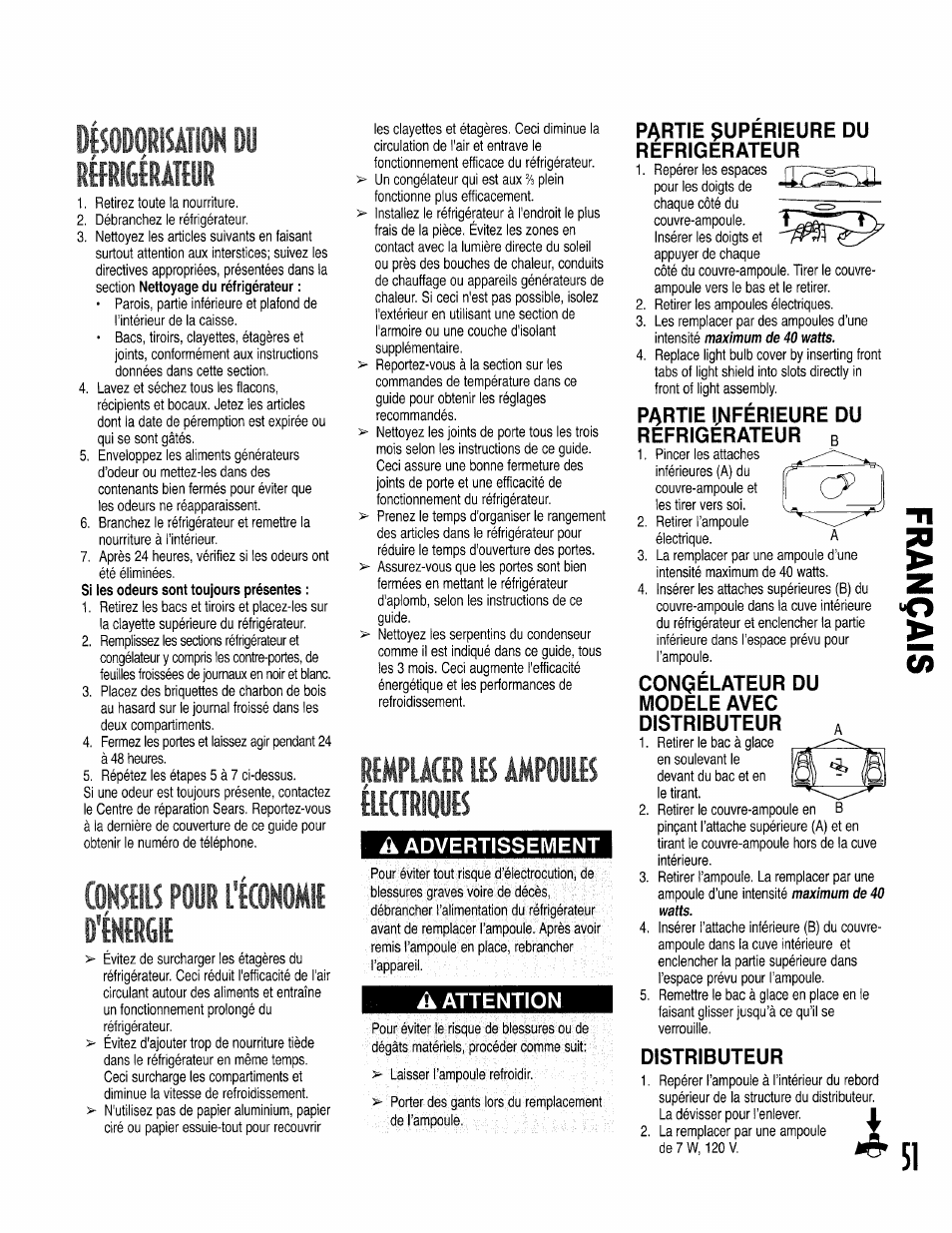 Dísodorisatioh du, Migfràteur, Conseils pour l'économie | Remplacer les ampoules électriques, Aadvertissement, A attention, Partie supérieure du refrigerateur, Partie i^jférieure du refrigerateur b, Congélateur du modele avec distributeur, Distributeur | Kenmore 596.50002100 User Manual | Page 51 / 88