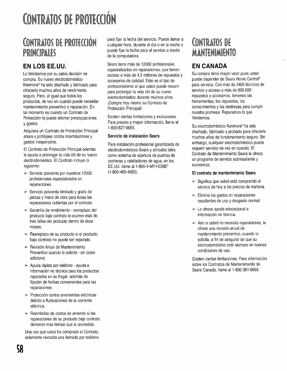 En los ee.uu, En canada, El contrato de mantenimiento sears | Cohiatos oí protíccióh, Coníráfoí, Cernís i piiícoói, Má№íním!iht0, Prinopaiis | Kenmore 596.50002100 User Manual | Page 58 / 88