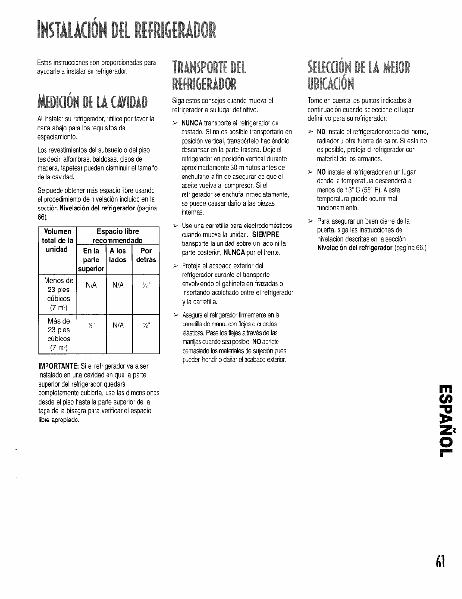 Kuucwh dii rmuh9, Medición di ik uvidad, Medición de la cavidad | 1ansp0íii íl ifrigedador, Smiíqón if ik mijoi ikación, M m ti | Kenmore 596.50002100 User Manual | Page 61 / 88