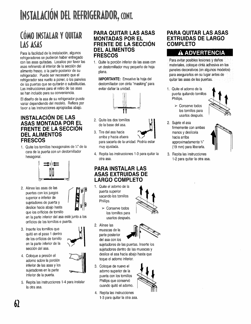 Hs!máaónpemffládor,coní, Cómo isialar y quitar las asas, Para instalar las asas extruidas de largo completo | Kenmore 596.50002100 User Manual | Page 62 / 88