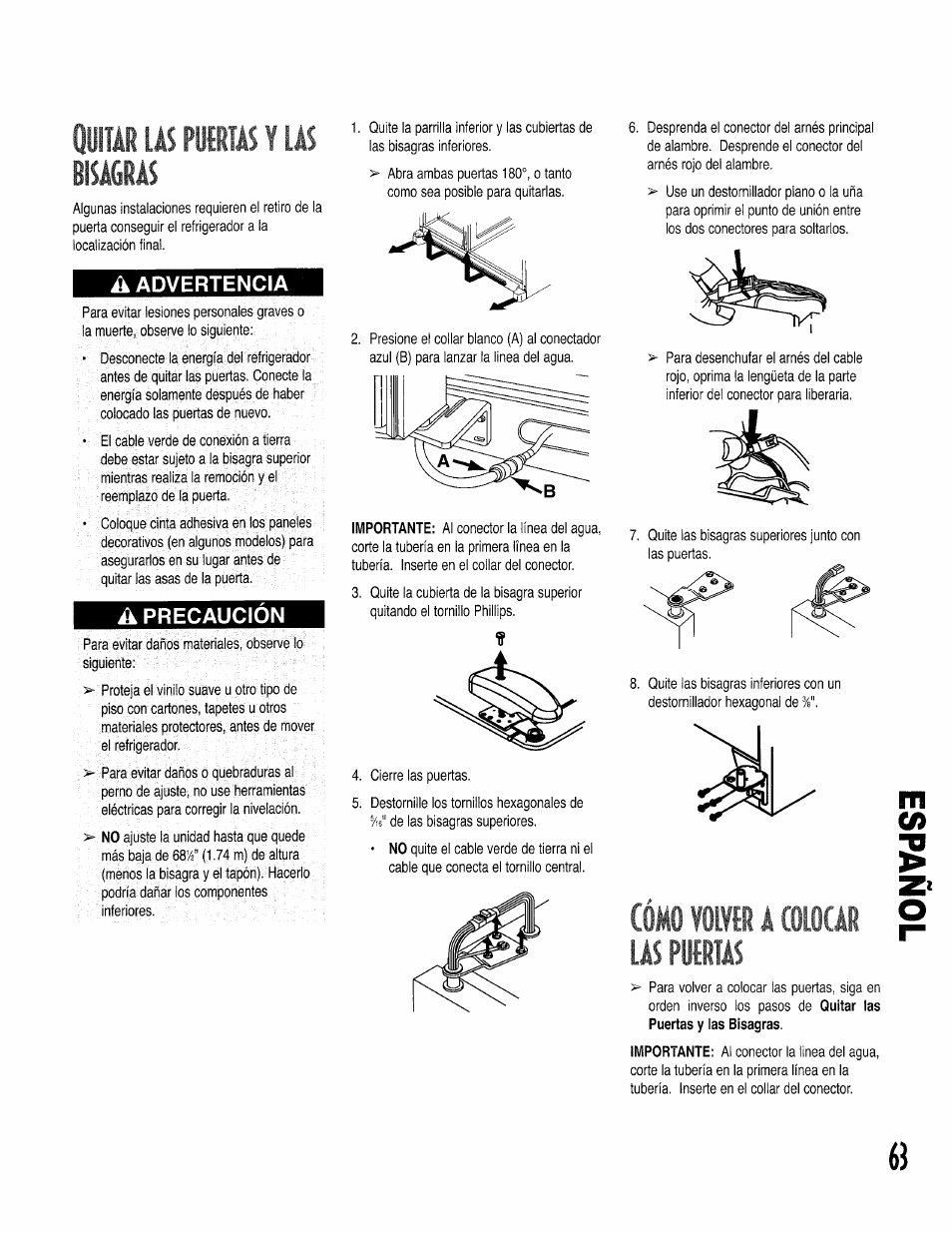 Quitar las püffifás y las bisagras, A advertencia, A precaucion | Quitar las puertas y las bisagras, Cómo volvír a c8l0cm las futrias | Kenmore 596.50002100 User Manual | Page 63 / 88