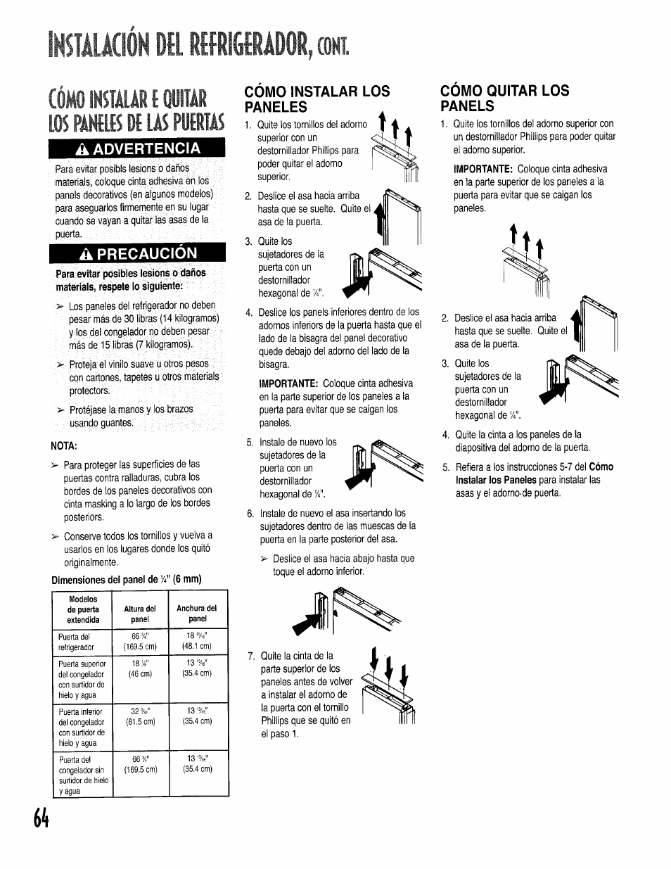 Cómo insmár i quitar los pa№us delas puertas, A advertencia, A precaucion | Nota, Como instalar los paneles, Como quitar los panels, Cómo instalar e quitar los paneles de las puertas, Insimacióhderwrádor,coki, Ok i | Kenmore 596.50002100 User Manual | Page 64 / 88