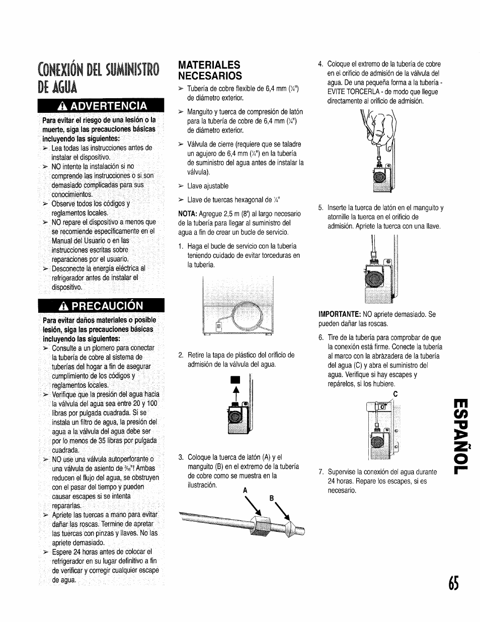 Conixióh del suministro de agua, A advertencia, A precaucion | Materiales, Necesarios, Conexión del suministro de agua | Kenmore 596.50002100 User Manual | Page 65 / 88