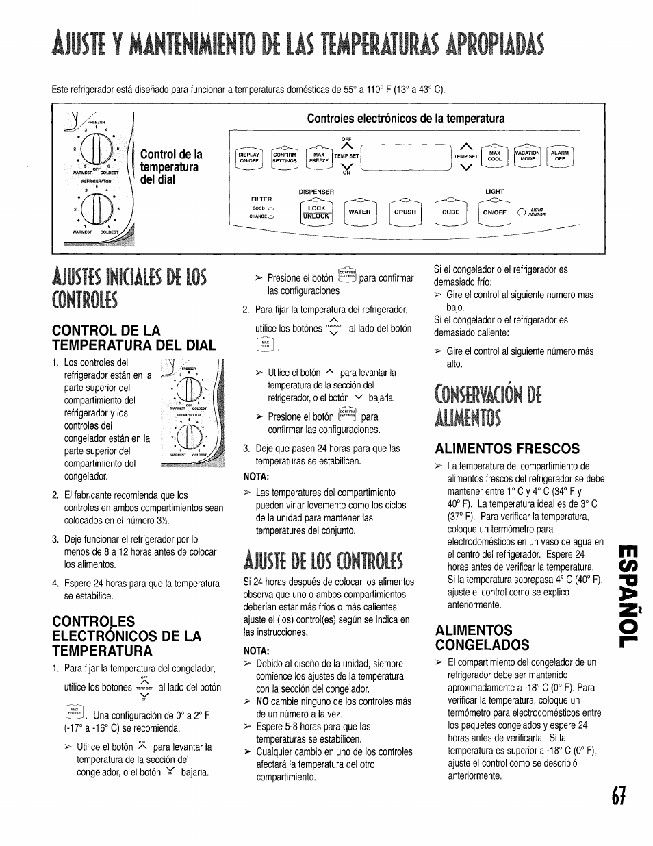 Âjustbihkulb de los controles, Control de la, Temperatura del dial | Controles, Electrónicos de la, Temperatura, Áiuste de los controles, Conservación de, Alimentos frescos, Alimentos | Kenmore 596.50002100 User Manual | Page 67 / 88