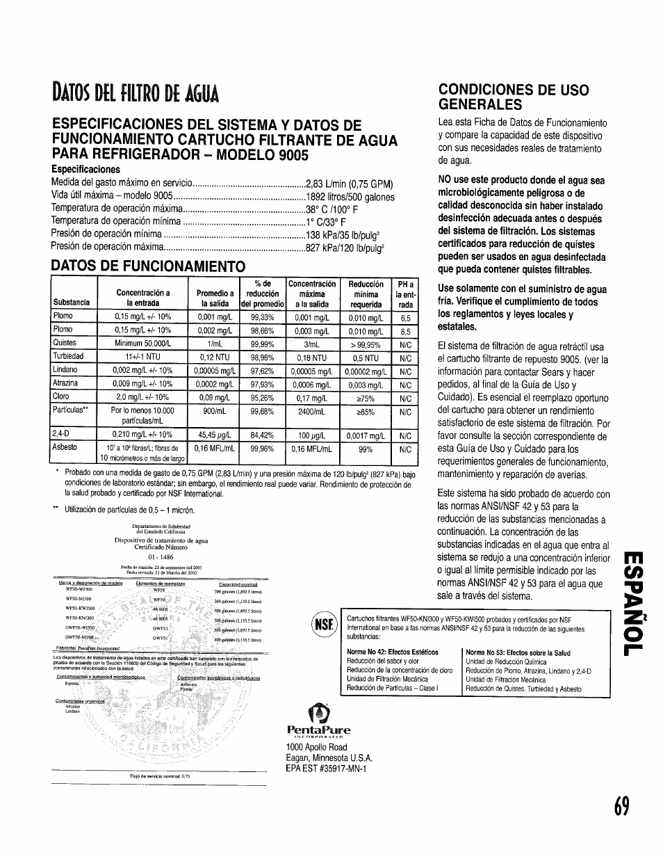 Datos de funcionamiento, Condiciones de uso generales, Pentepure | Datos de шю маша, Especificaciones | Kenmore 596.50002100 User Manual | Page 69 / 88