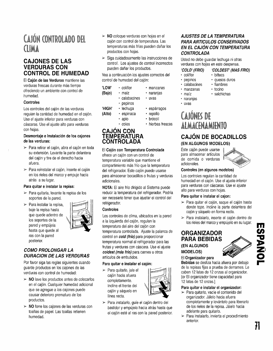 Cajones de las verduras con control de humedad, Cajon con, Temperatura | Controlada, Cajón de bocadillos, En algunos modelos), Organizador para bebidas, Cajóis, Cajon con temperatura controlada, I { cajón de bocadillos | Kenmore 596.50002100 User Manual | Page 71 / 88