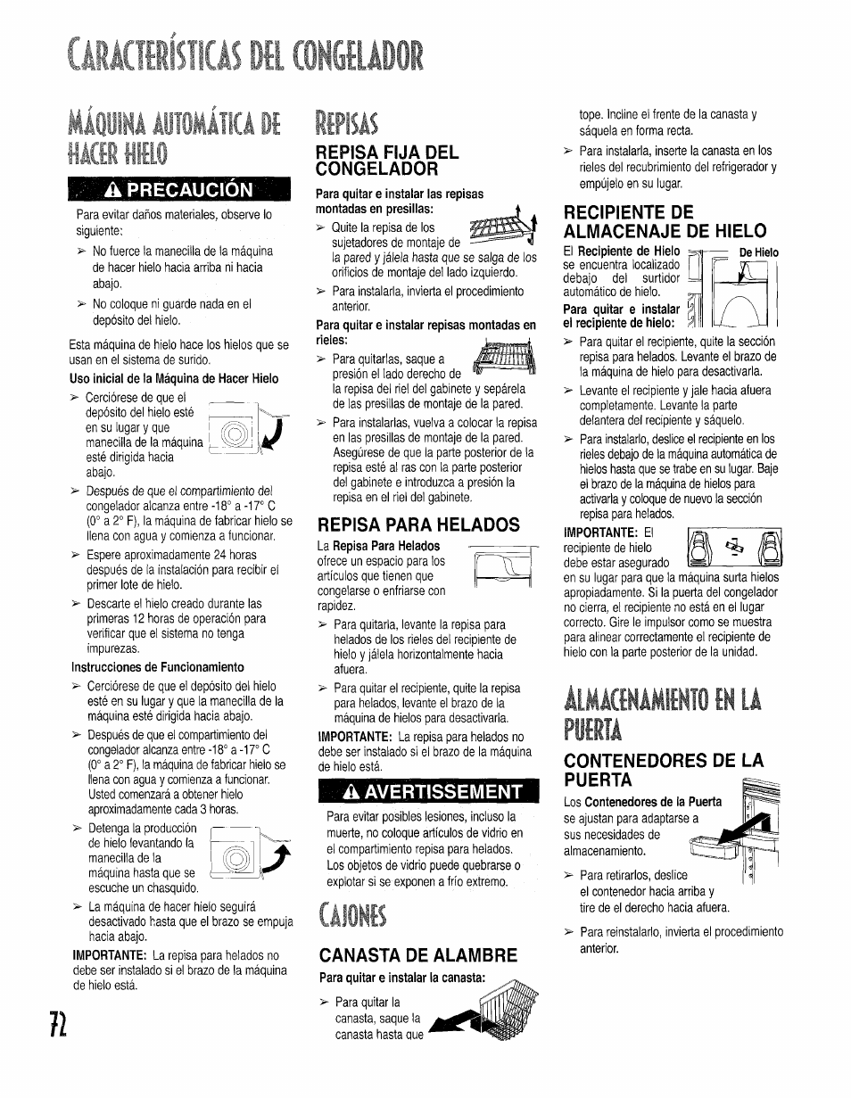 A precaucion, Repisa fija del congelador, Repisa para helados | A avertissement, Canasta de alambre, Recipiente de almacenaje de hielo, Álmácenámimoínlá, Contenedores de la puerta, Áiimáiiü, Cálonís | Kenmore 596.50002100 User Manual | Page 72 / 88