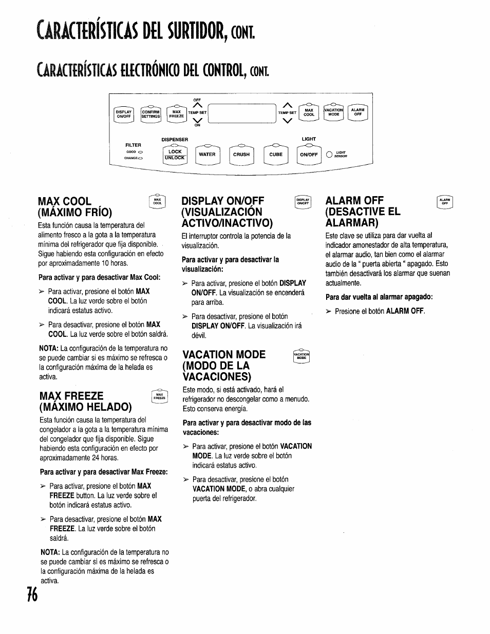 Qrácwicas del surtidor, (oht, Cáracttrístkás flfctrónico del control, (ont, Para activar y para desactivar ia visuaiización | Qrácwicas del surtidor, Oht. cáracttrístkás flfctrónico del control | Kenmore 596.50002100 User Manual | Page 76 / 88