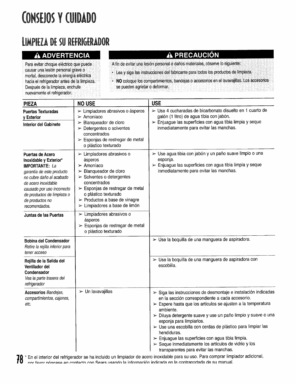 Oksejos v cuidado, A advertencia, A precaucion | Consejos y cuidado -79, Lit <g rhrigeum | Kenmore 596.50002100 User Manual | Page 78 / 88
