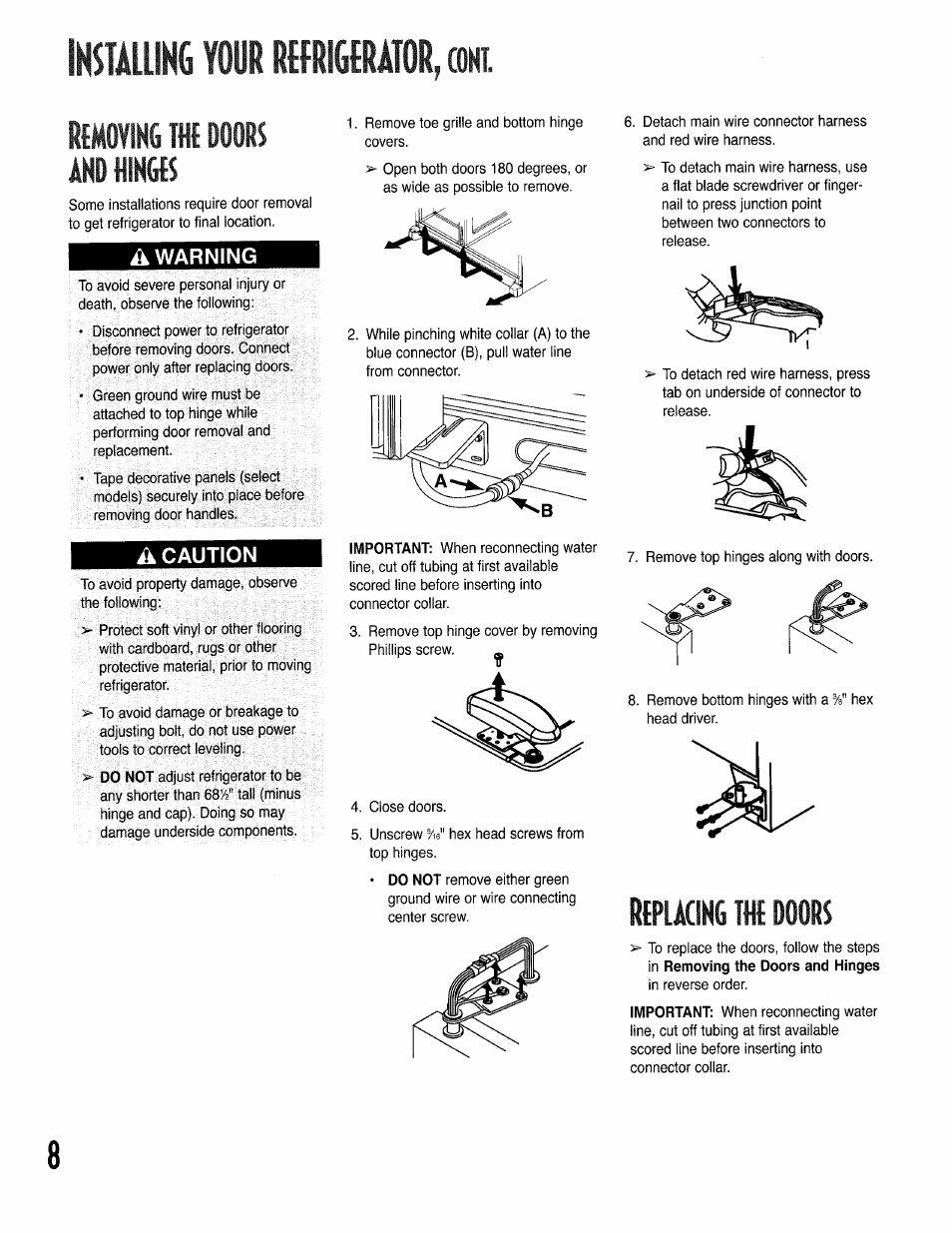 Installing your refrigerator, coni, Rfmoyikg the doors and hinges, A warning | A caution, Replacing the doors, Installing your refrigerator -10, Removing the doors and hinges replacing the doors, Installing your refrigerator, Coni rfmoyikg the doors and hinges | Kenmore 596.50002100 User Manual | Page 8 / 88