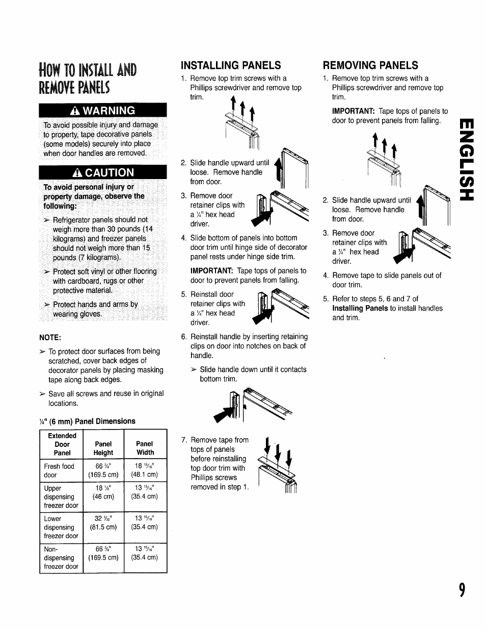 How to install and rlmovf panes, A warning, A caution | Note, Installing panels, Removing panels, How to install and remove panels | Kenmore 596.50002100 User Manual | Page 9 / 88