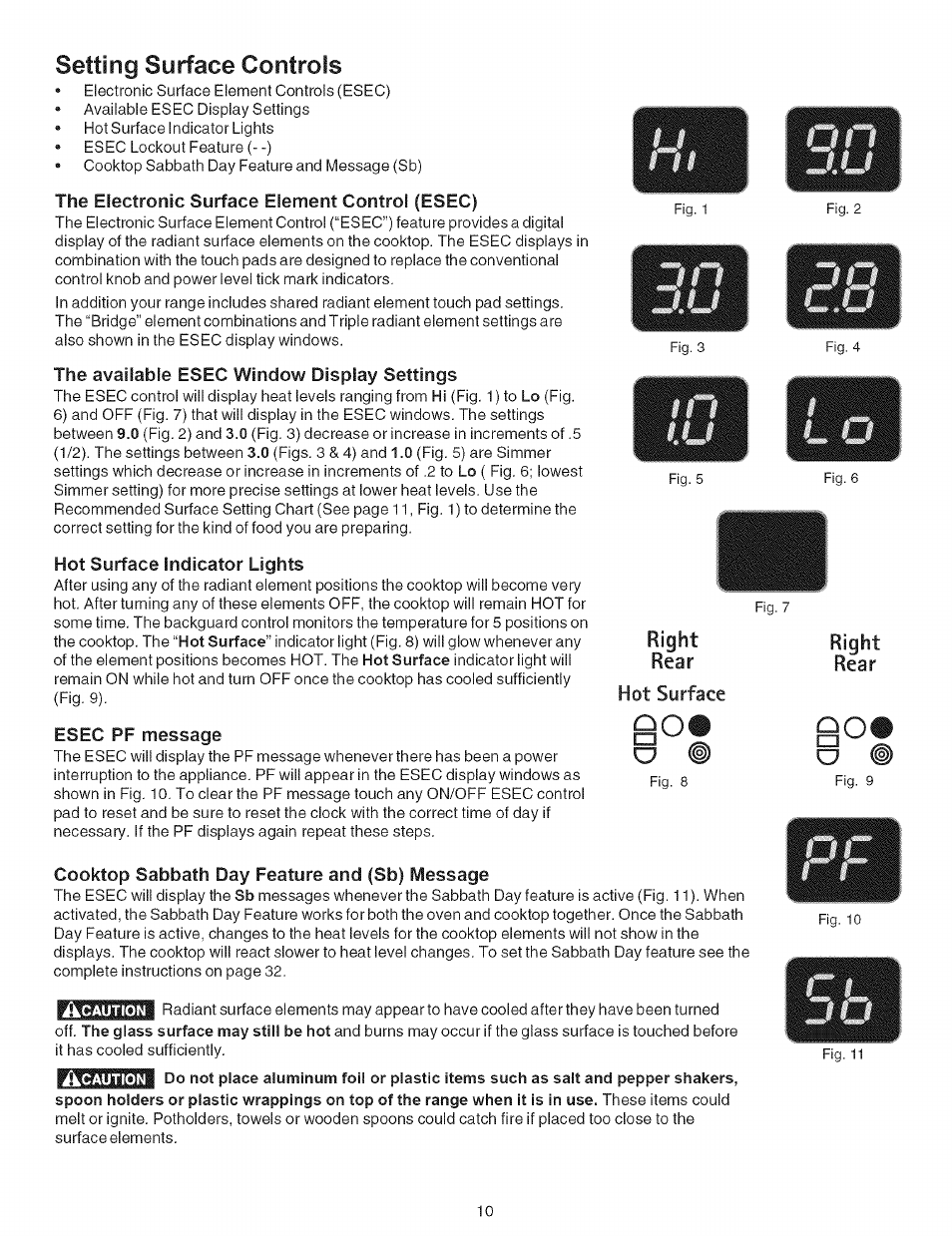 The electronic surface element control (esec), The available esec window display settings, Hot surface indicator lights | Esec pf message, Cooktop sabbath day feature and (sb) message, Setting sutface controls | Kenmore 790.9659 User Manual | Page 10 / 46