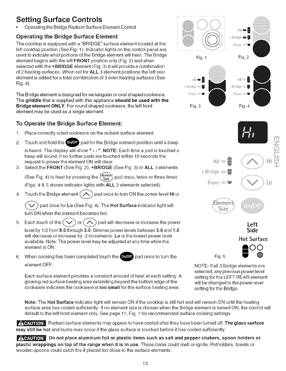 Setting surface controls, To operate the bridge surface element, Left | Side | Kenmore 790.9659 User Manual | Page 13 / 46