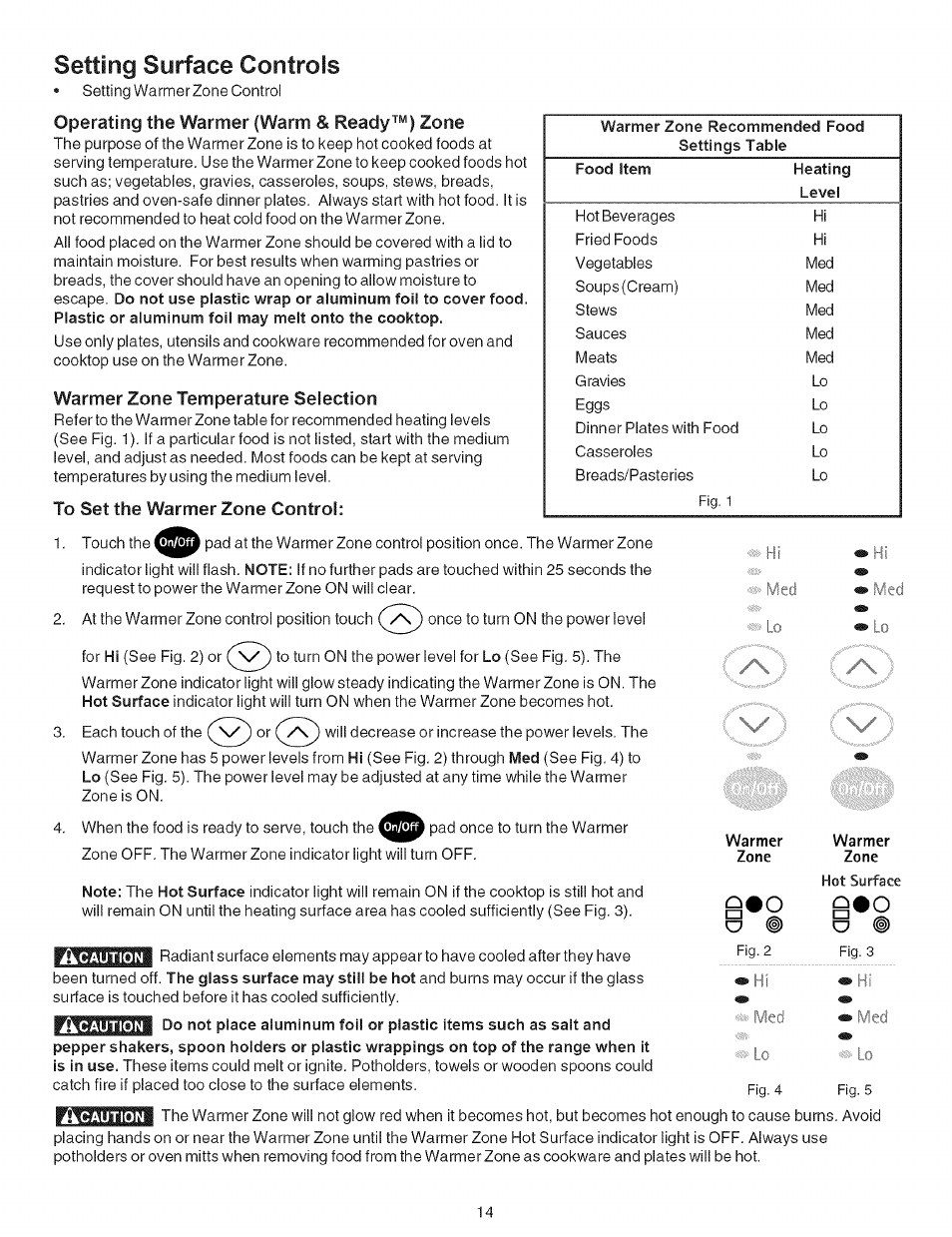 Setting surface controls, Warmer zone temperature selection, To set the warmer zone control | Kenmore 790.9659 User Manual | Page 14 / 46