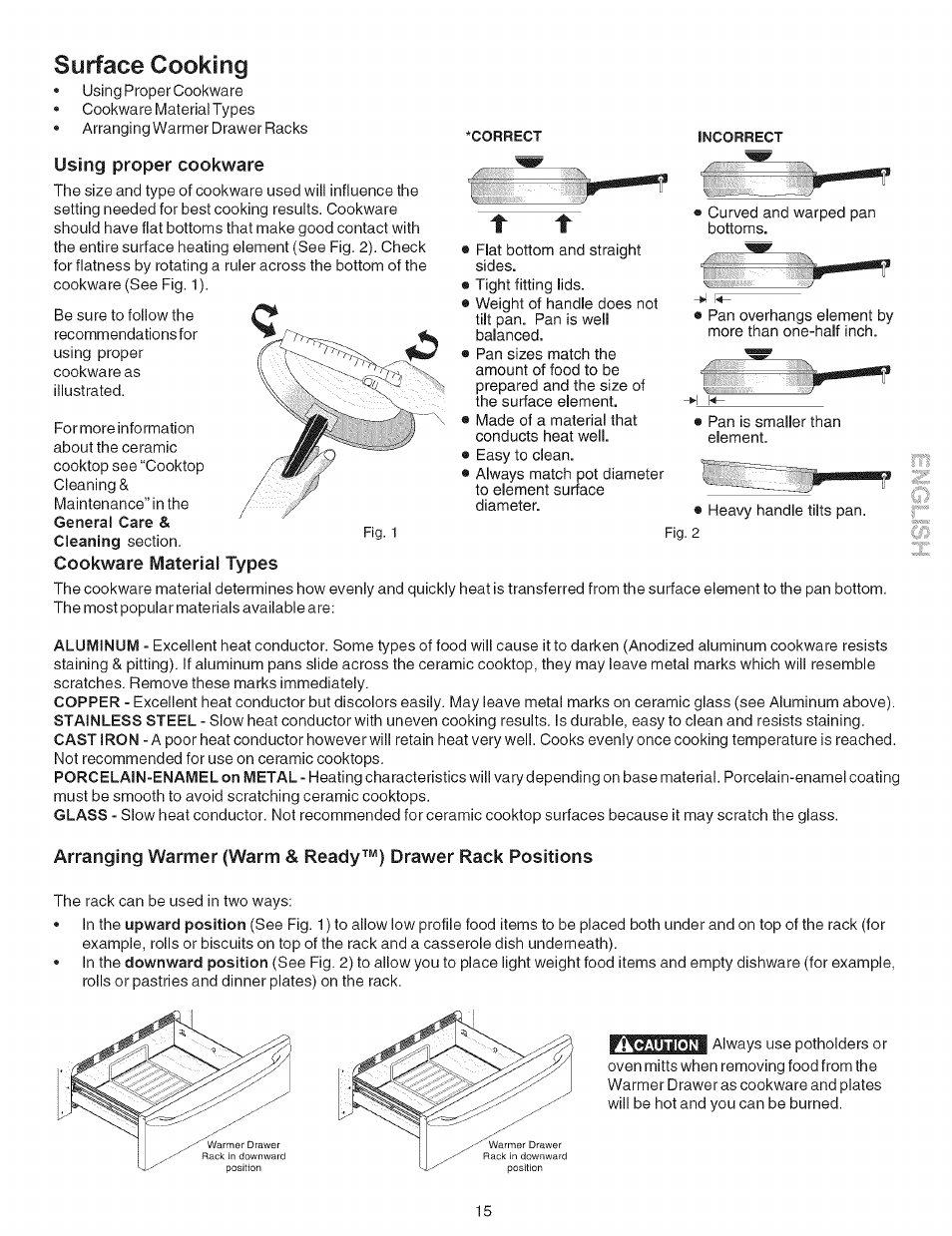 Using proper cookware, Cookware material types, Surface cooking | Kenmore 790.9659 User Manual | Page 15 / 46