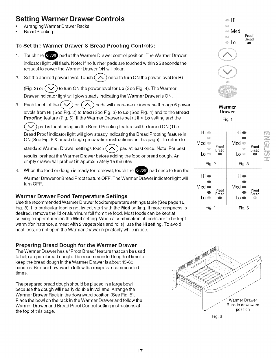 Setting warmer drawer controls, To set the warmer drawer & bread proofing controls, Warmer drawer food temperature settings | Preparing bread dough for the warmer drawer | Kenmore 790.9659 User Manual | Page 17 / 46