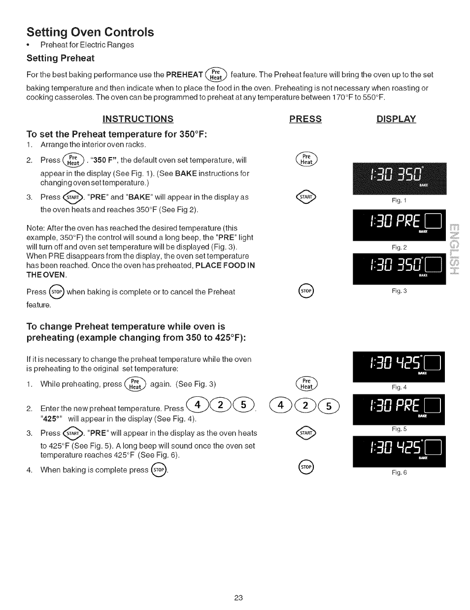 Instructions, To set the preheat temperature for 350“f, Press | Display, 30 ppe, 30 hos’d, Setting oven controls | Kenmore 790.9659 User Manual | Page 23 / 46