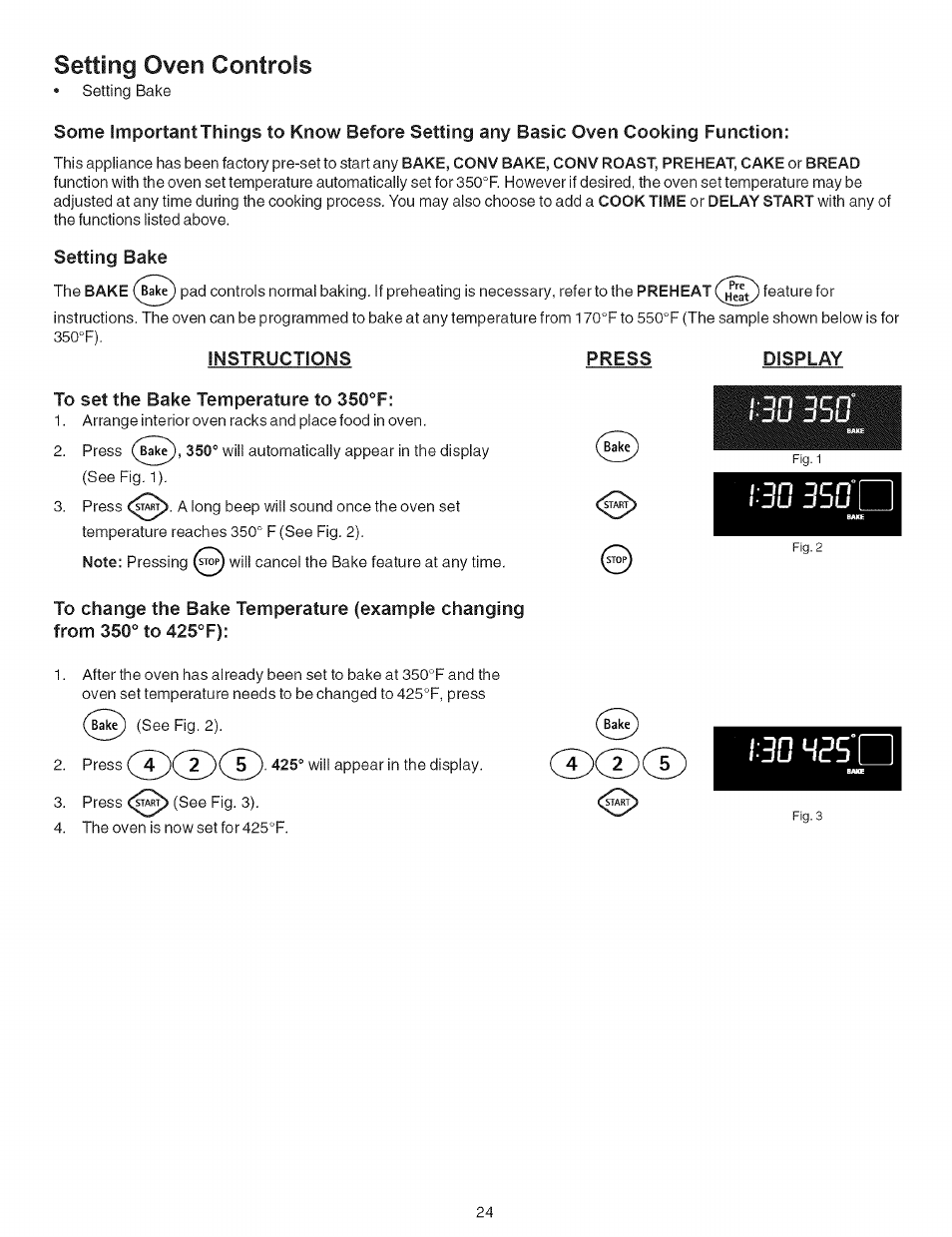 Setting bake, Instructions, To set the bake temperature to 350°f | Hps'd, Setting oven controls, F jn jcn | Kenmore 790.9659 User Manual | Page 24 / 46