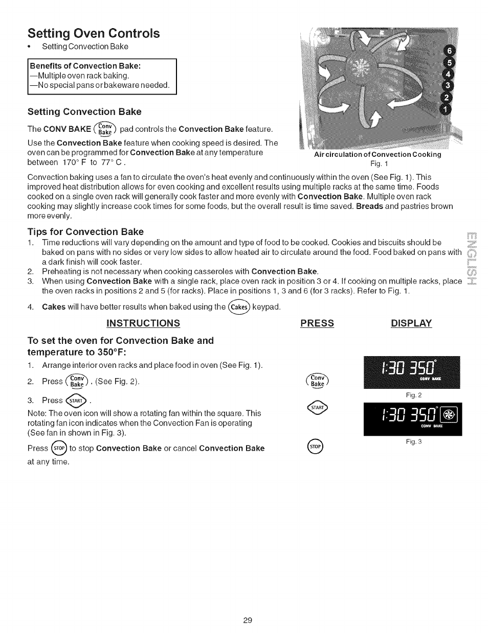 Setting convection bake, Tips for convection bake, Instructions | Press, Display, 3g3s0, Setting oven controls | Kenmore 790.9659 User Manual | Page 29 / 46