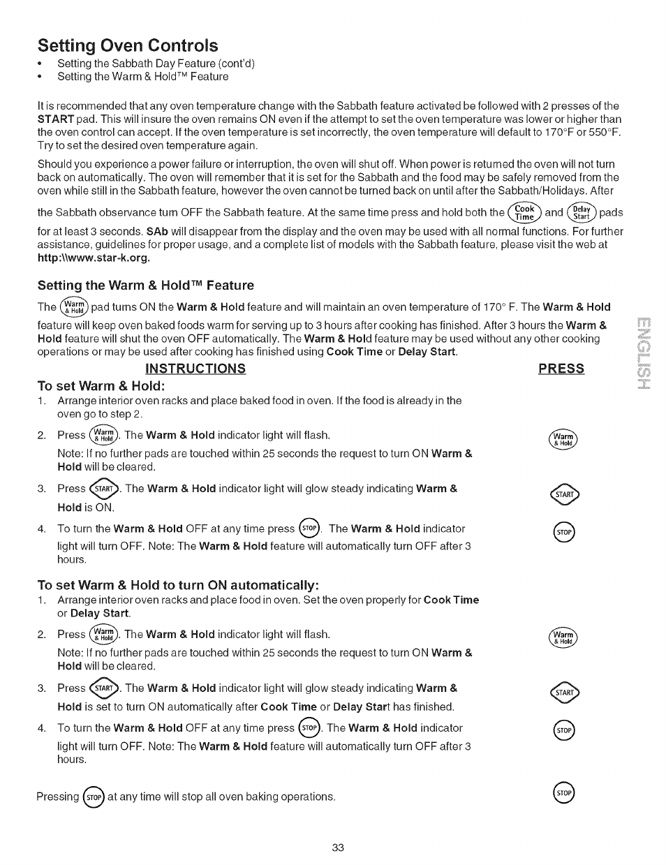 Setting oven controls, Setting the warm & hold™ feature, Instructions press | To set warm & hold, To set warm & hold to turn on automatically | Kenmore 790.9659 User Manual | Page 33 / 46