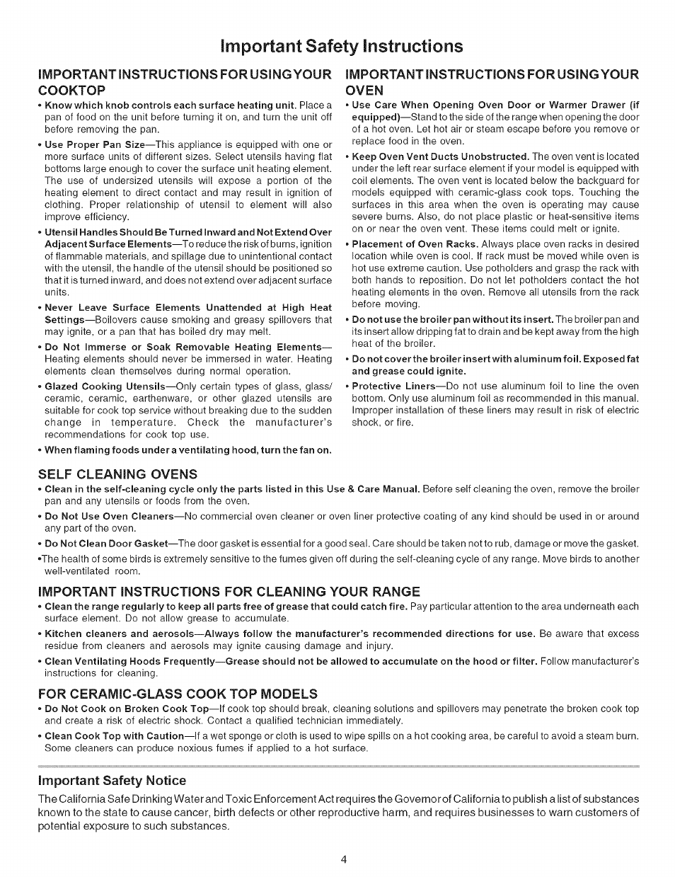 Important safety instructions, Important instructions for usingyour oven, Self cleaning ovens | Important instructions for cleaning your range, For ceramic-glass cook top models, Important safety notice, Important instructions for using your | Kenmore 790.9659 User Manual | Page 4 / 46