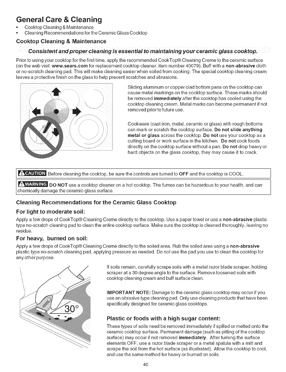 General care & cleaning, Cooktop cleaning & maintenance, For heavy, burned on soil | Plastic or foods with a high sugar content | Kenmore 790.9659 User Manual | Page 40 / 46