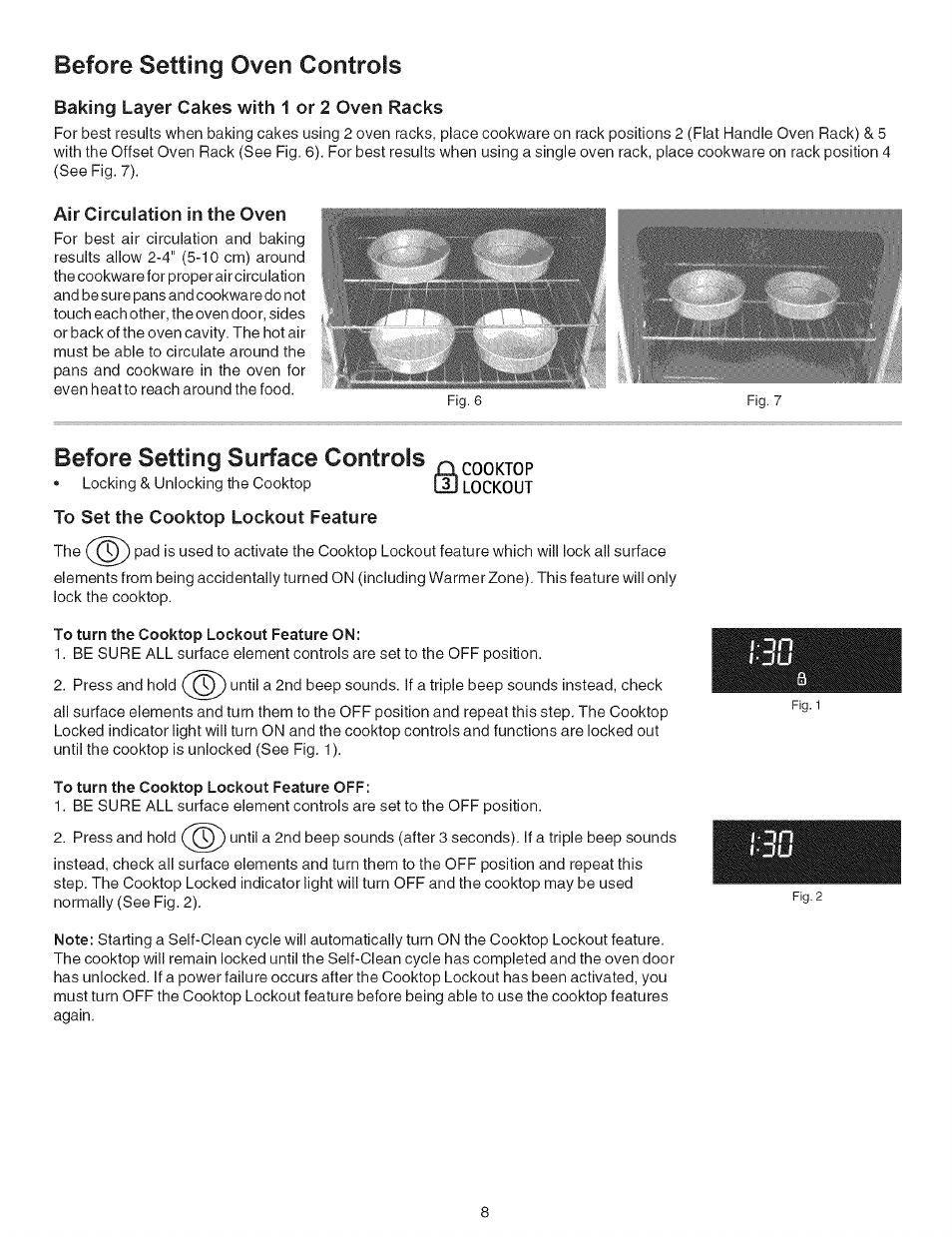 Baking layer cakes with 1 or 2 oven racks, Air circulation in the oven, To set the cooktop lockout feature | Before setting oven controls, Before setting surface controls | Kenmore 790.9659 User Manual | Page 8 / 46