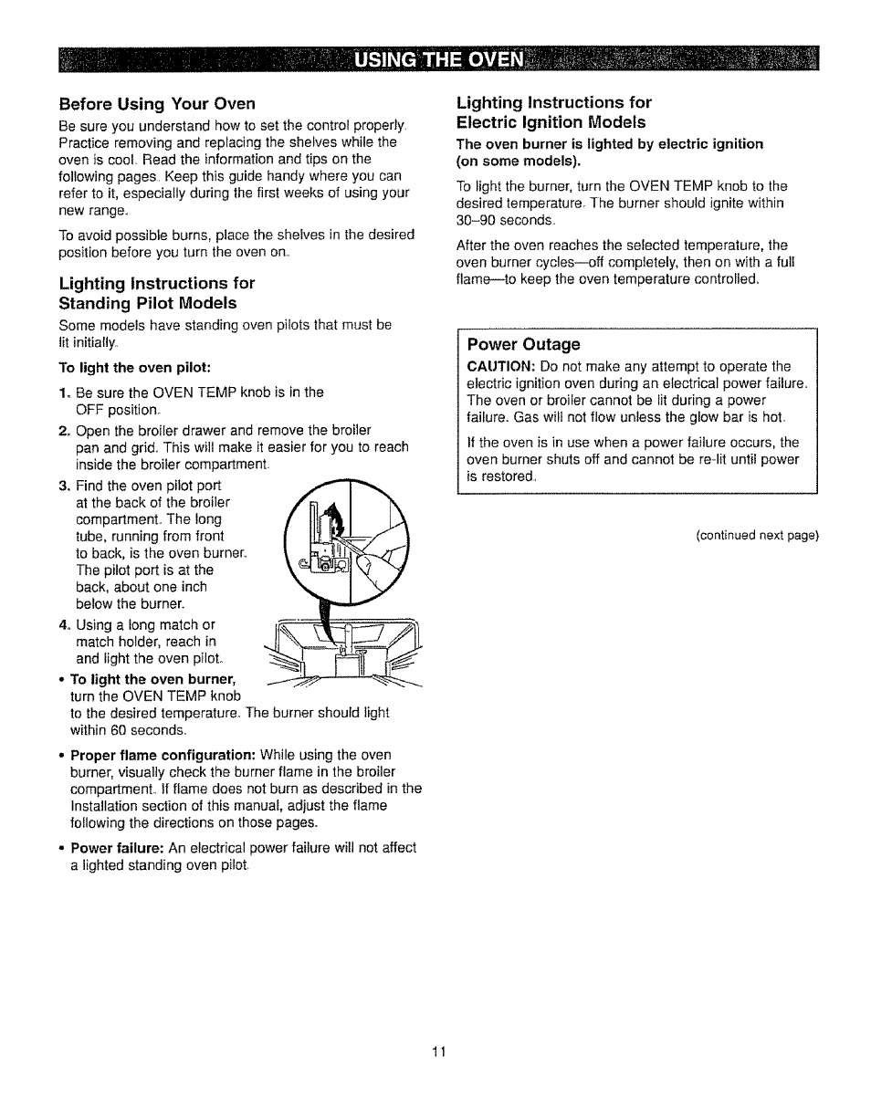 Before using your oven, Lighting instructions for standing pilot models, Lighting instructions for electric ignition models | Using mi oven | Kenmore 362.72239 User Manual | Page 11 / 42