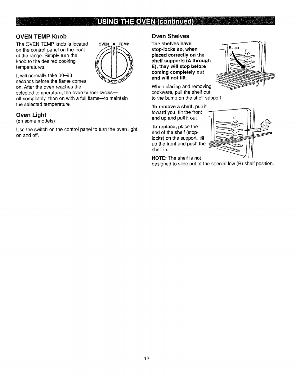 Oven temp knob, Oven tight, Oven shelves | Using the oven (continued) | Kenmore 362.72239 User Manual | Page 12 / 42