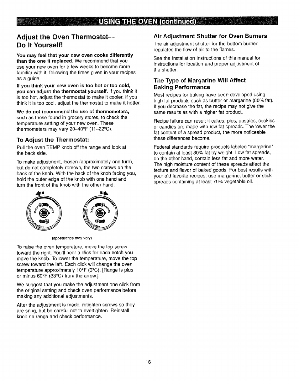 To adjust the thermostat, Air adjustment shutter for oven burners | Kenmore 362.72239 User Manual | Page 16 / 42