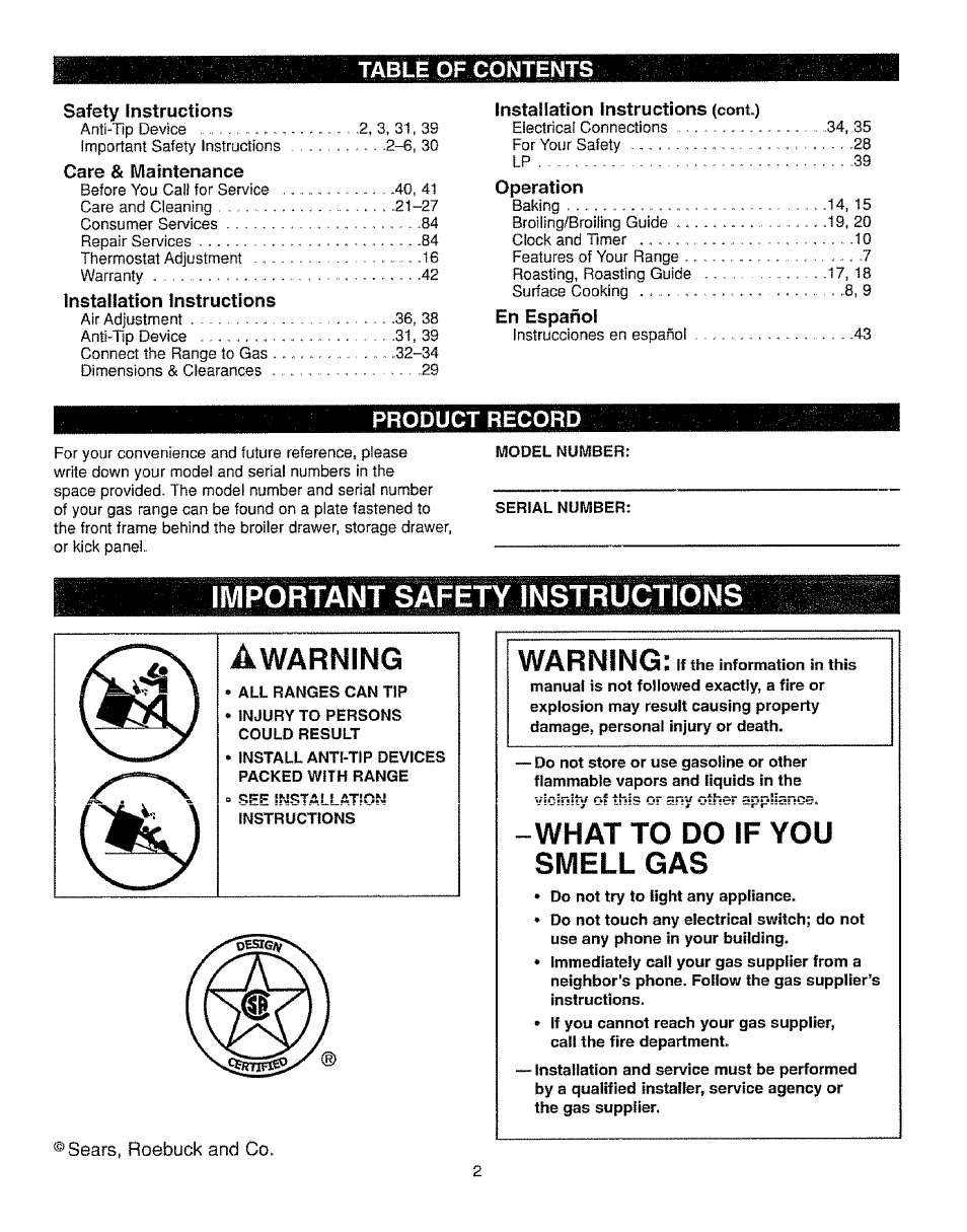 Impórtáñt safety instructions, What to do if you, Impórtáñt safety instructions a | Warning, Tablé of contents | Kenmore 362.72239 User Manual | Page 2 / 42