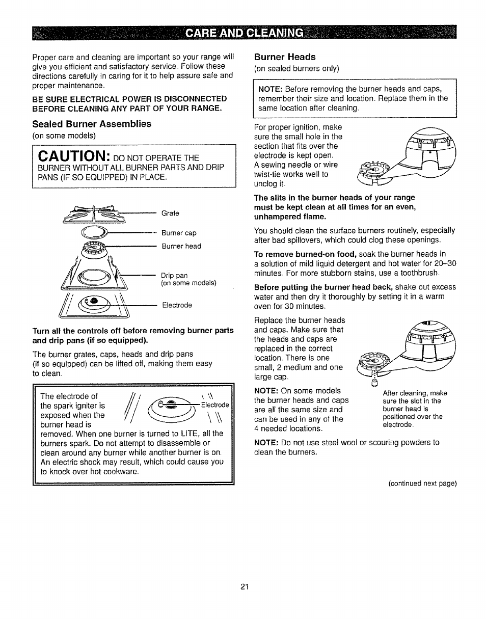 Sealed burner assemblies, Burner heads, Caution | Care and cleaning | Kenmore 362.72239 User Manual | Page 21 / 42