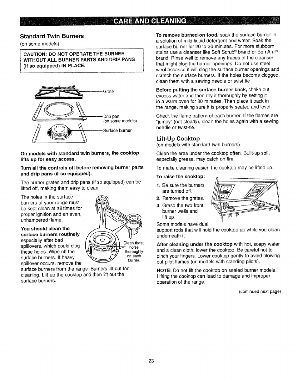 Standard twin burners, Lift“up cooktop, Care and cleaning | Kenmore 362.72239 User Manual | Page 23 / 42