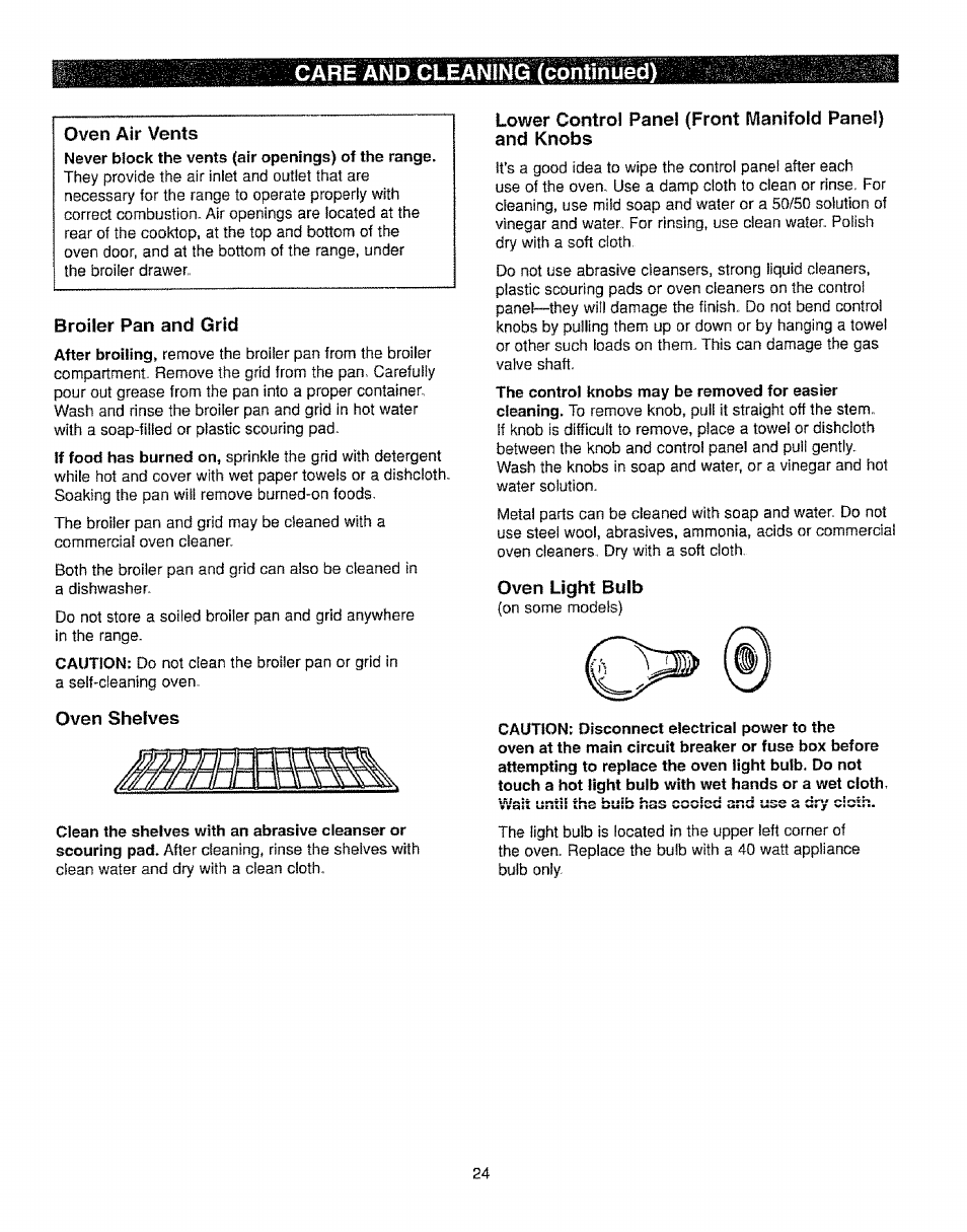 Broiler pan and grid, Oven shelves, Oven light bulb | Care and cleaning (continued) | Kenmore 362.72239 User Manual | Page 24 / 42