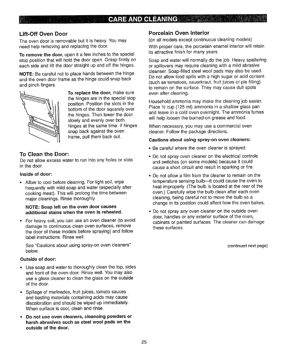 Lift-off oven door, To clean the door, Inside of door | Outside of door, Porcelain oven interior, Care andceìaning | Kenmore 362.72239 User Manual | Page 25 / 42