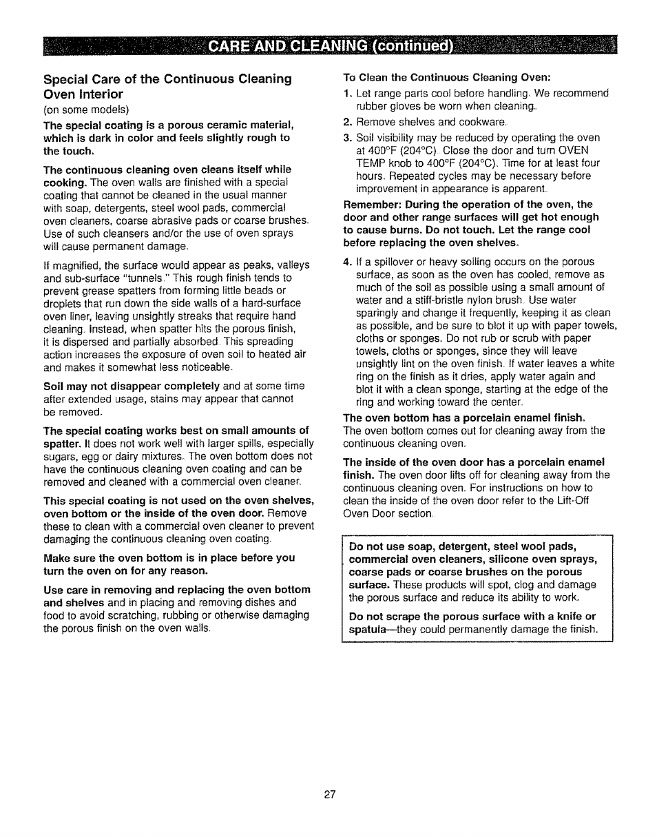 To clean the continuous cleaning oven, Care and cleaning (continued) | Kenmore 362.72239 User Manual | Page 27 / 42